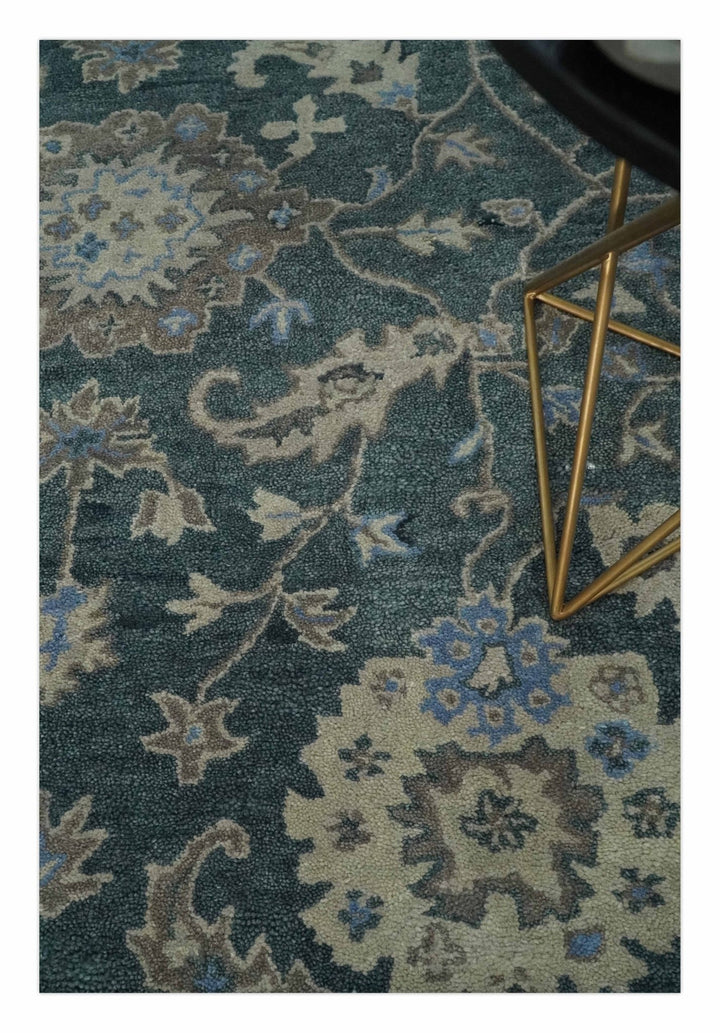Hand Tufted 2x3, 3x5, 5x8, 6x9, 8x10 and 9x12 Vintage Persian Oushak Design Teal and Beige Antique Hand Tufted Wool Area Rug | TRD6443 - The Rug Decor
