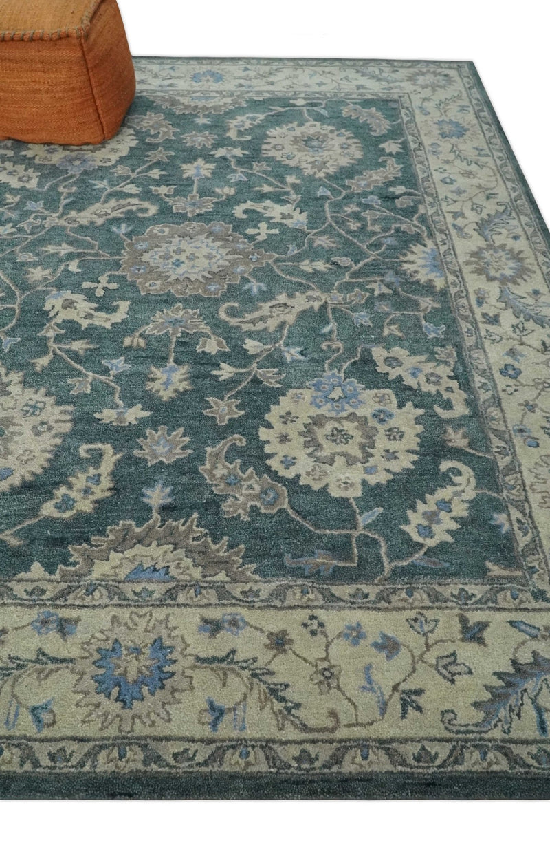 Hand Tufted 2x3, 3x5, 5x8, 6x9, 8x10 and 9x12 Vintage Persian Oushak Design Teal and Beige Antique Hand Tufted Wool Area Rug | TRD6443 - The Rug Decor