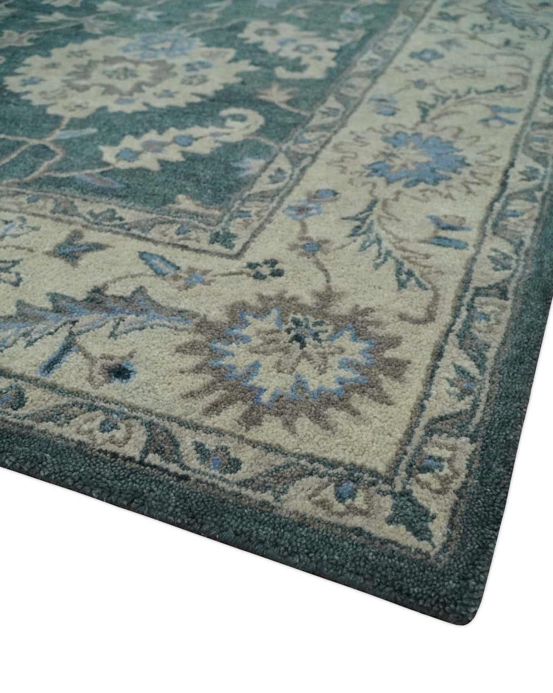 Hand Tufted 2x3, 3x5, 5x8, 6x9, 8x10 and 9x12 Vintage Persian Oushak Design Teal and Beige Antique Hand Tufted Wool Area Rug | TRD6443 - The Rug Decor