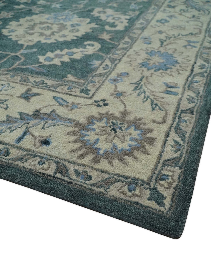 Hand Tufted 2x3, 3x5, 5x8, 6x9, 8x10 and 9x12 Vintage Persian Oushak Design Teal and Beige Antique Hand Tufted Wool Area Rug | TRD6443 - The Rug Decor