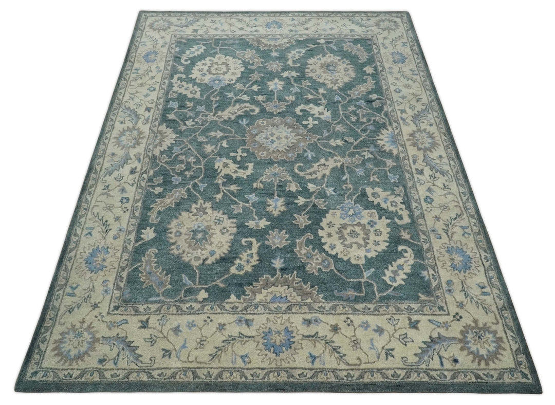 Hand Tufted 2x3, 3x5, 5x8, 6x9, 8x10 and 9x12 Vintage Persian Oushak Design Teal and Beige Antique Hand Tufted Wool Area Rug | TRD6443 - The Rug Decor