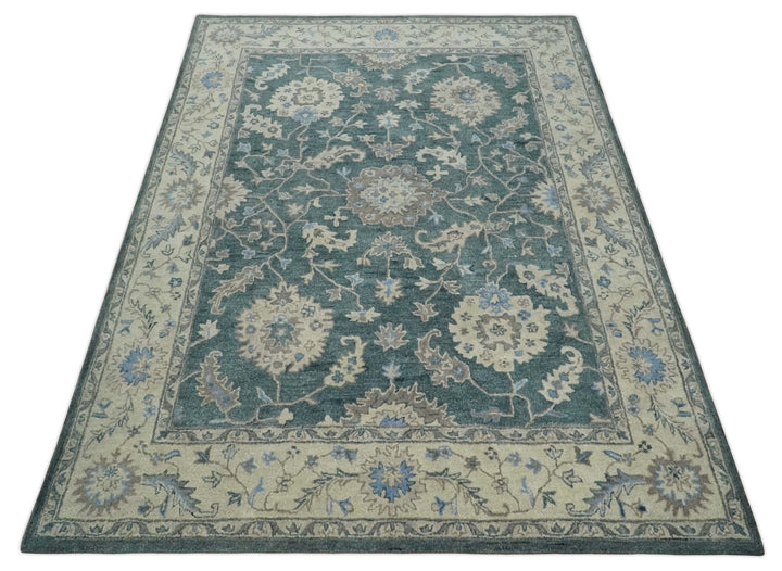 Hand Tufted 2x3, 3x5, 5x8, 6x9, 8x10 and 9x12 Vintage Persian Oushak Design Teal and Beige Antique Hand Tufted Wool Area Rug | TRD6443 - The Rug Decor