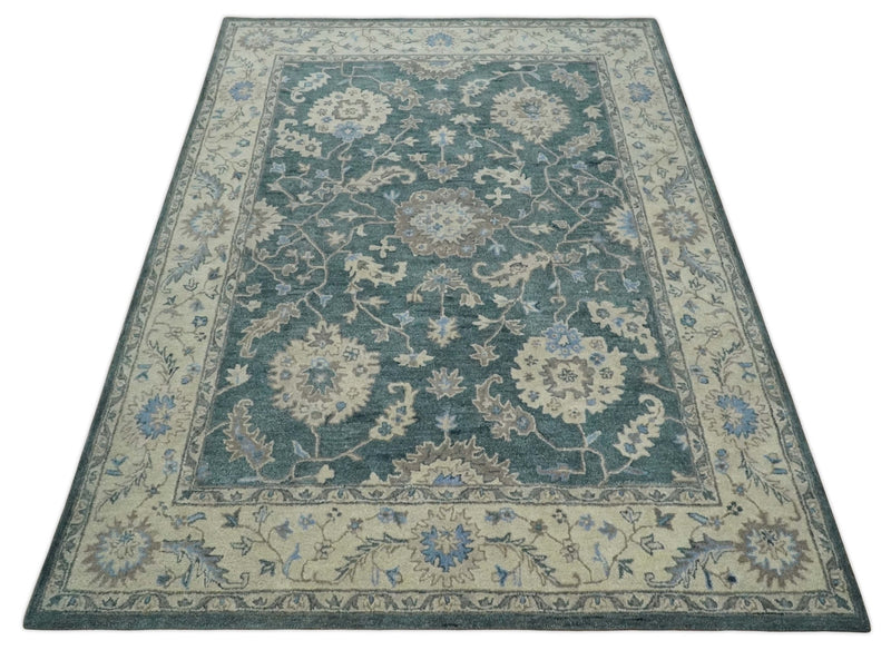Hand Tufted 2x3, 3x5, 5x8, 6x9, 8x10 and 9x12 Vintage Persian Oushak Design Teal and Beige Antique Hand Tufted Wool Area Rug | TRD6443 - The Rug Decor