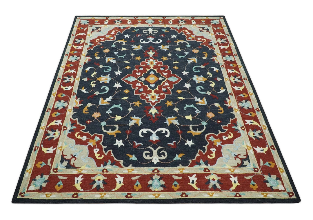 Hand Tufted Black, Rust and Beige Persian Style Antique Oriental Wool Area Rug | TRDMA164 - The Rug Decor