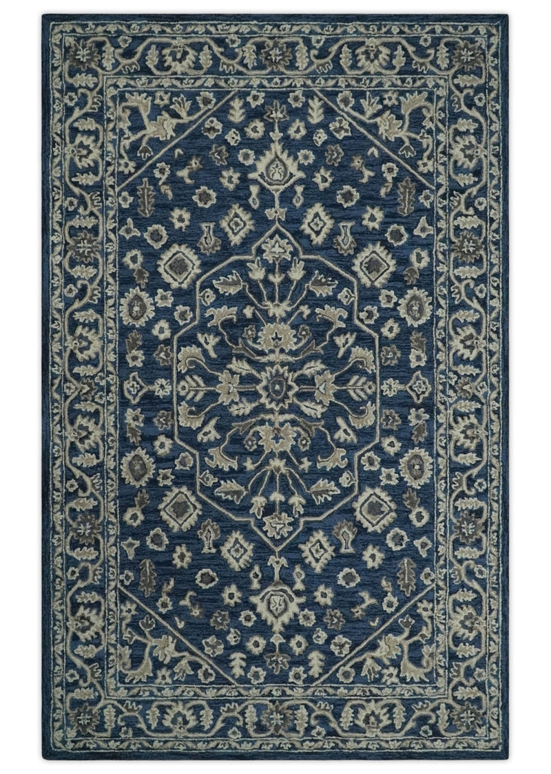 Hand Tufted Blue, Beige and Ivory 5x8 Heriz Serapi style Rug, Kids, Living Room and Bedroom Rug | TRD644158S - The Rug Decor