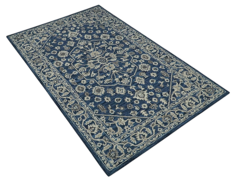 Hand Tufted Blue, Beige and Ivory 5x8 Heriz Serapi style Rug, Kids, Living Room and Bedroom Rug | TRD644158S - The Rug Decor