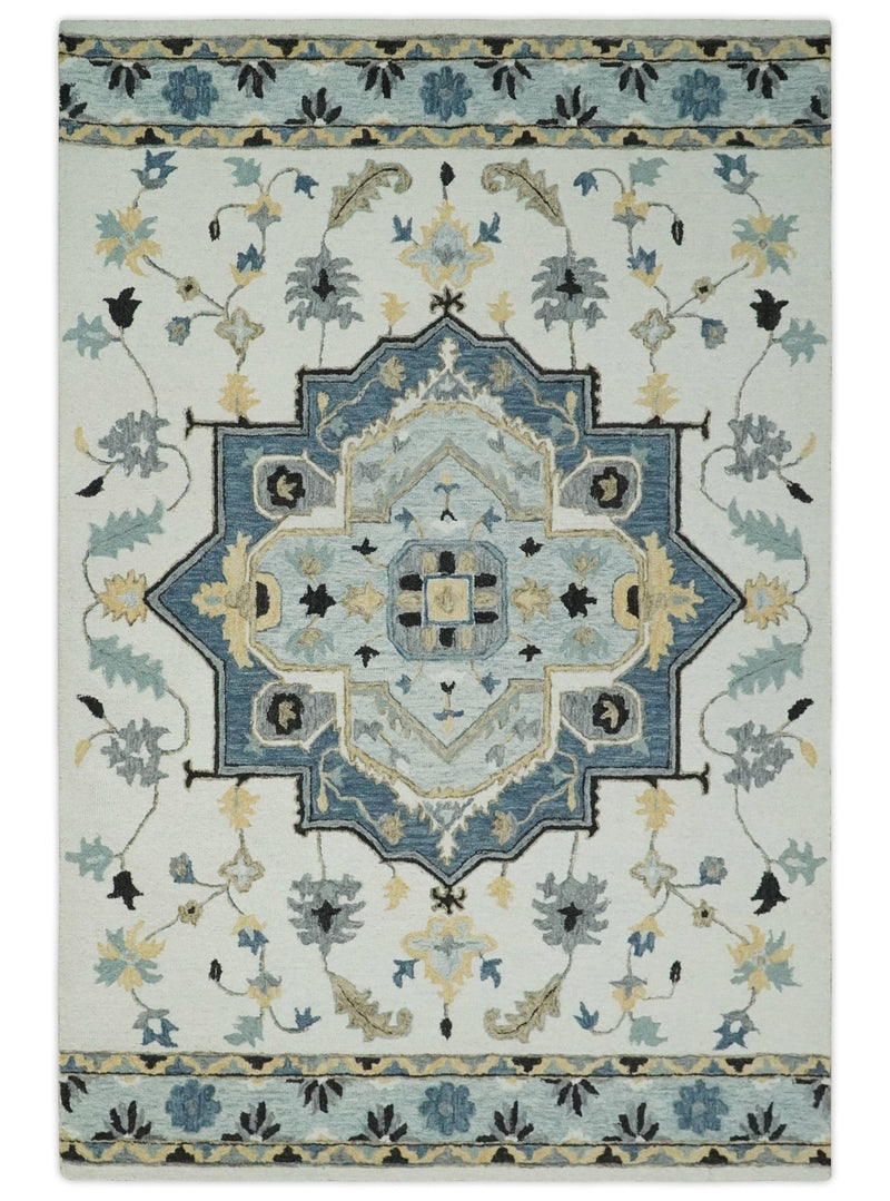 Hand Tufted Blue, Camel and Ivory Persian Style Antique Oriental Wool Area Rug | TRDMA162 - The Rug Decor