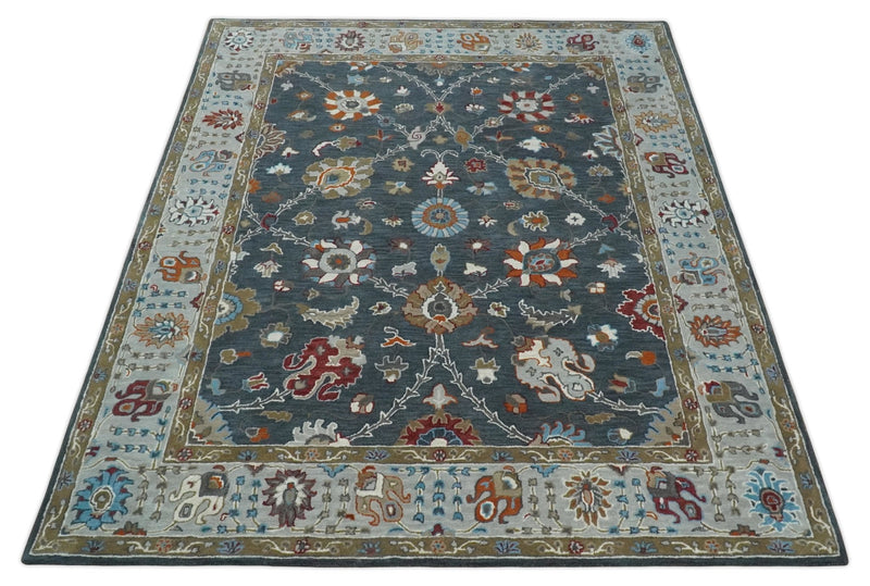 Hand Tufted Charcoal and Silver vintage style colorful 8x10 Oushak Rug, Kids, Living Room and Bedroom Rug | TRD6493810S - The Rug Decor
