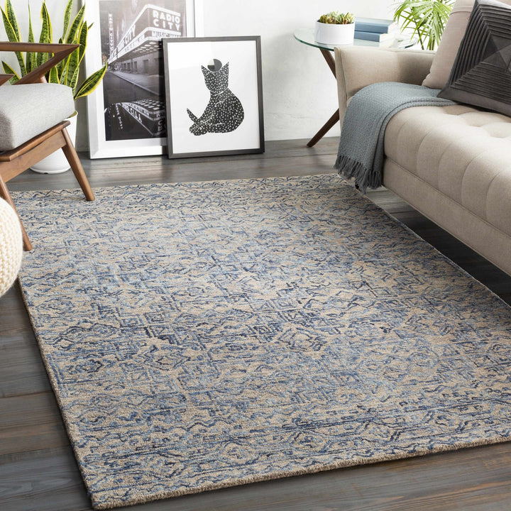 Hand Tufted Contemporary Traditional Design Blue Gray and Camel Wool Area Rug - The Rug Decor