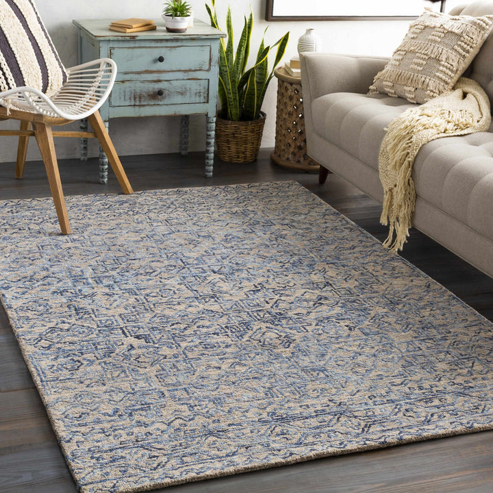 Hand Tufted Contemporary Traditional Design Blue Gray and Camel Wool Area Rug - The Rug Decor
