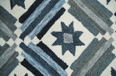 Hand Tufted Ivory, Charcoal and Blue Stripes Antique Style Rug - The Rug Decor