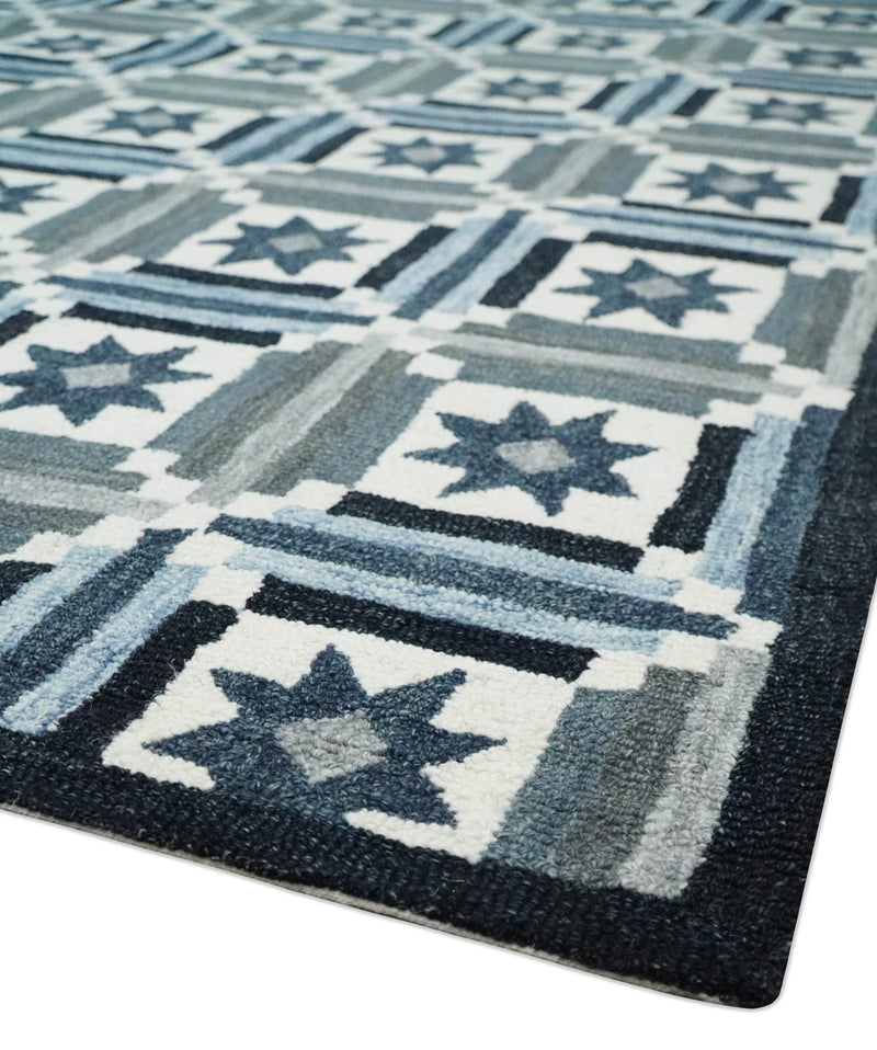 Hand Tufted Ivory, Charcoal and Blue Stripes Antique Style Rug - The Rug Decor