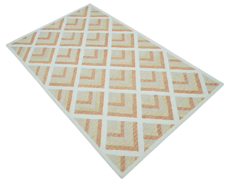 Hand Tufted Ivory, Peach and Beige Geometrical Pattern traditional wool Area Rug - The Rug Decor