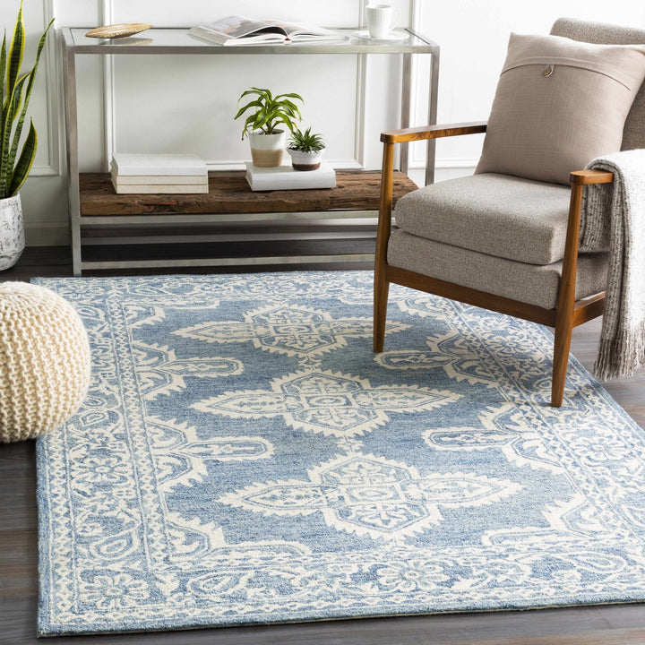 Hand Tufted Medallion Ivory and Blue Traditional Wool Area Rug - The Rug Decor