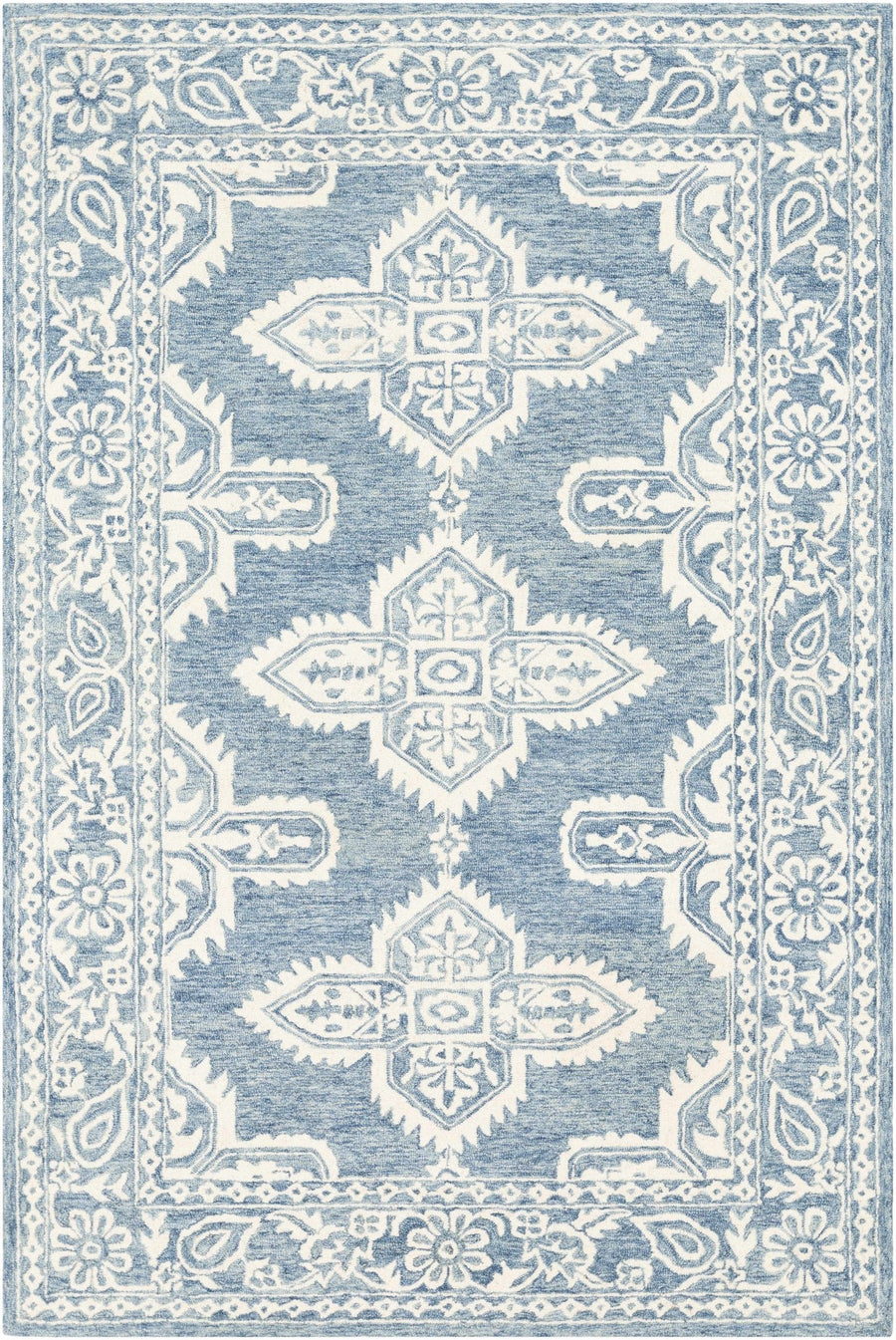 Hand Tufted Medallion Ivory and Blue Traditional Wool Area Rug - The Rug Decor