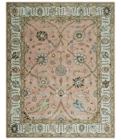 Vibrant Colorful Silver, Green and Light Peach Traditional Oushak Rug ...