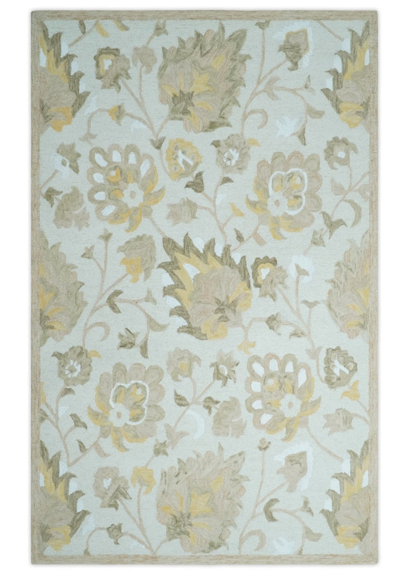 Hand Tufted Silver, Olive and Beige Floral Design wool Rug - The Rug Decor
