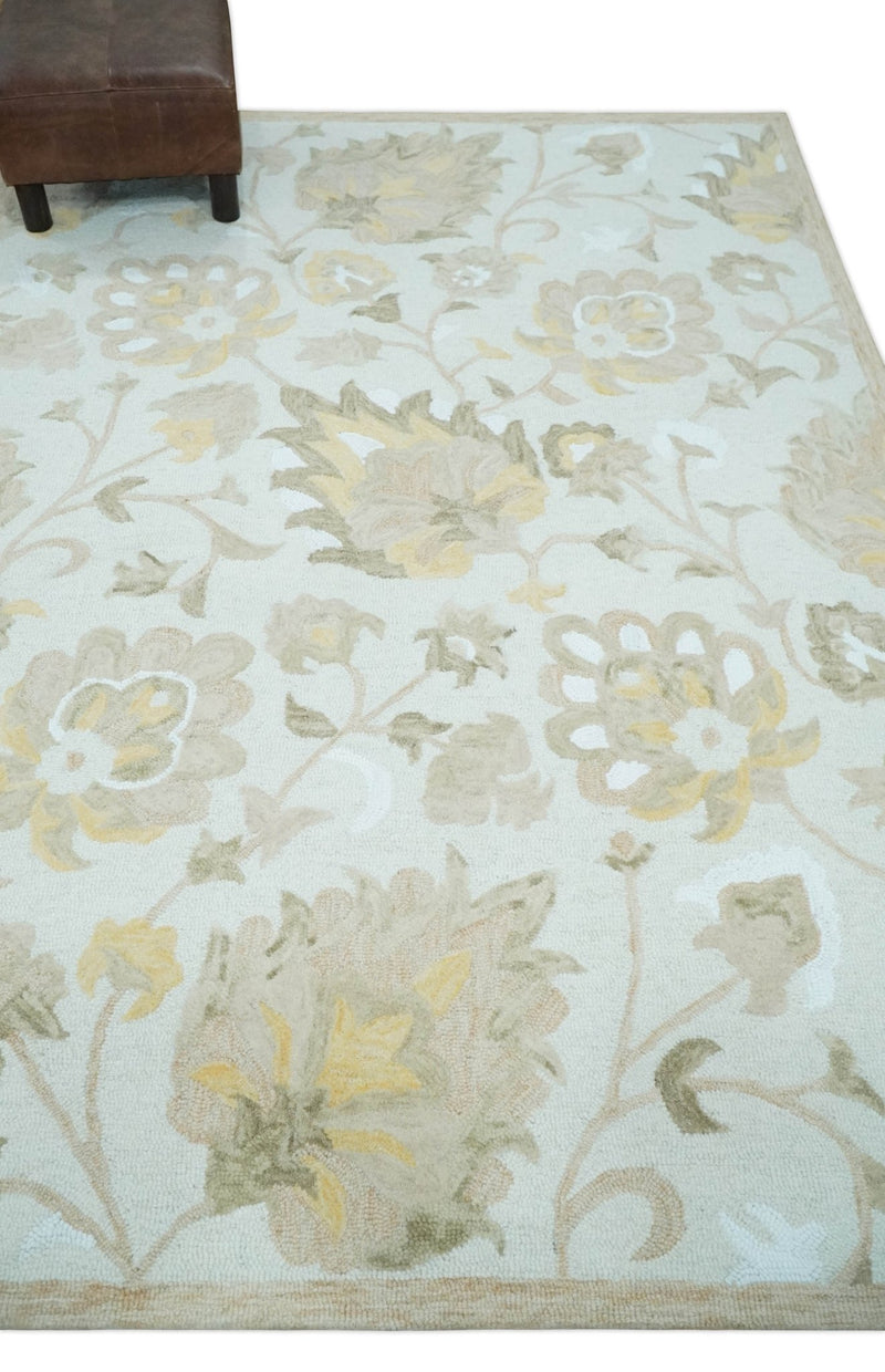Hand Tufted Silver, Olive and Beige Floral Design wool Rug - The Rug Decor