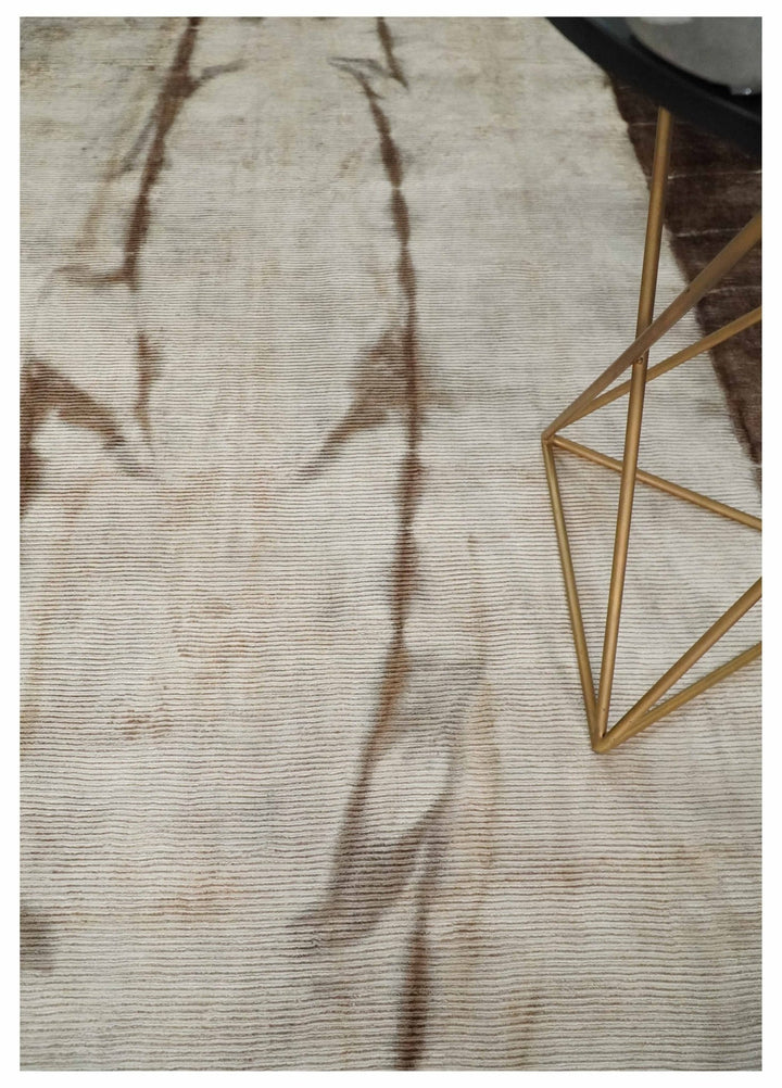 Hand Woven and Carved Silver and Brown Floral Art Silk Rug | KNT3 - The Rug Decor