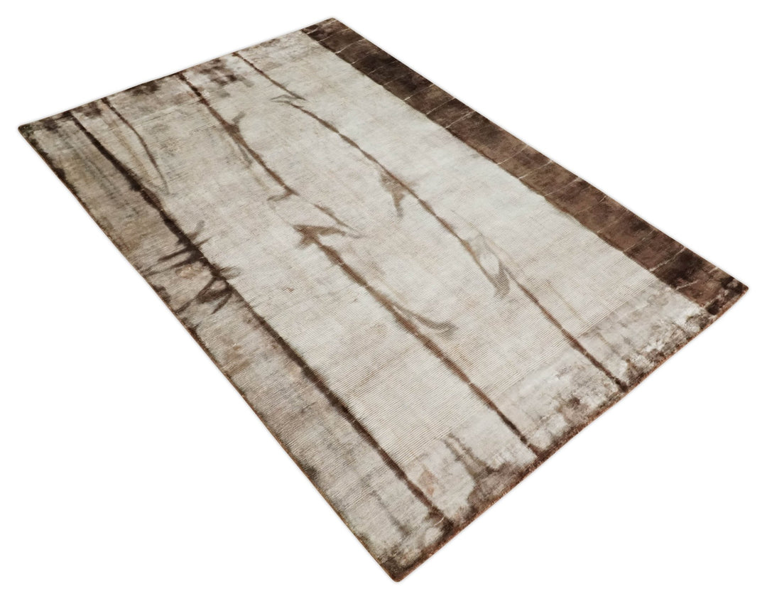 Hand Woven and Carved Silver and Brown Floral Art Silk Rug | KNT3 - The Rug Decor