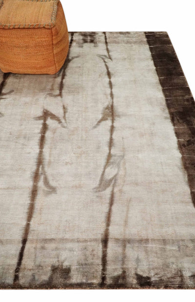 Hand Woven and Carved Silver and Brown Floral Art Silk Rug | KNT3 - The Rug Decor