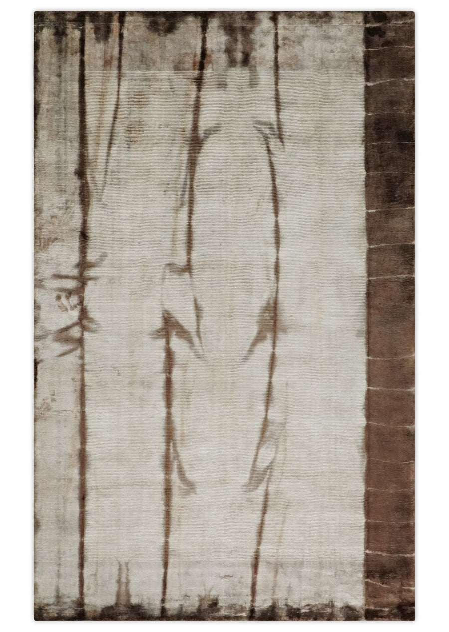 Hand Woven and Carved Silver and Brown Floral Art Silk Rug | KNT3 - The Rug Decor