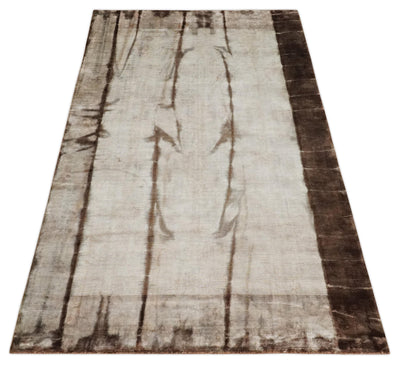 Hand Woven and Carved Silver and Brown Floral Art Silk Rug | KNT3 - The Rug Decor