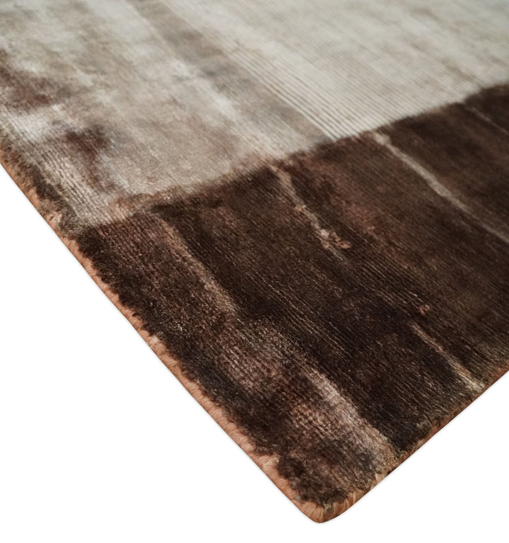 Hand Woven and Carved Silver and Brown Floral Art Silk Rug | KNT3 - The Rug Decor