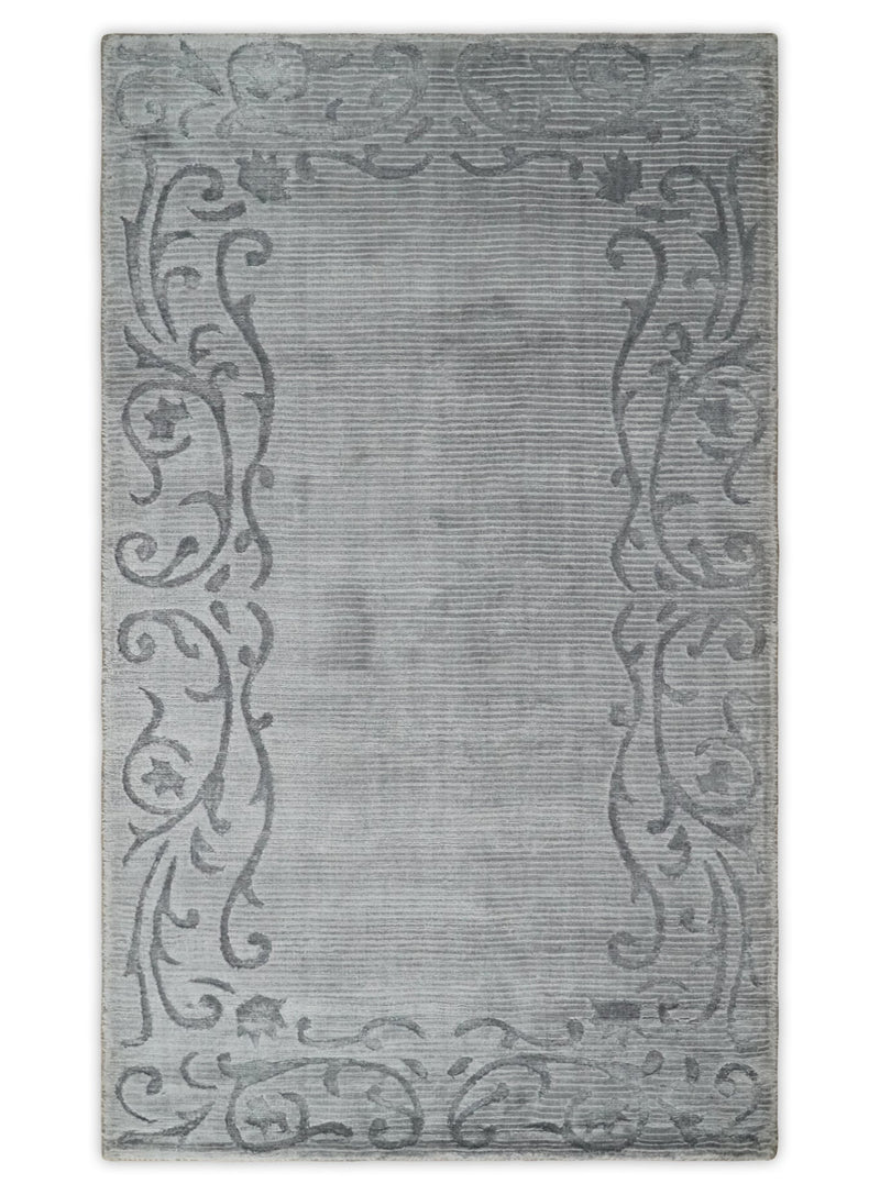 Hand Woven and Carved Silver and Charcoal Floral Art Silk Rug | KNT10 - The Rug Decor