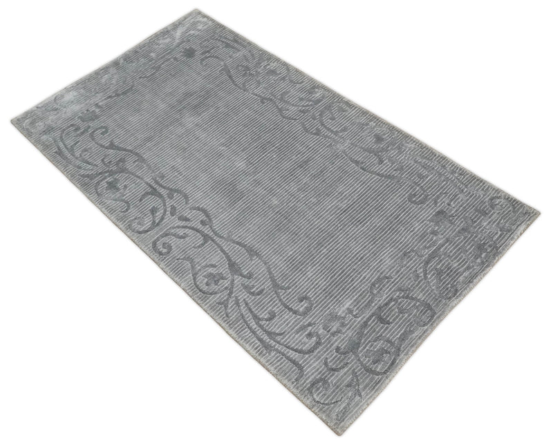 Hand Woven and Carved Silver and Charcoal Floral Art Silk Rug | KNT10 - The Rug Decor