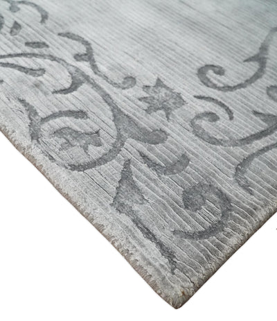 Hand Woven and Carved Silver and Charcoal Floral Art Silk Rug | KNT10 - The Rug Decor