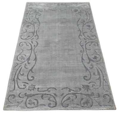 Hand Woven and Carved Silver and Charcoal Floral Art Silk Rug | KNT10 - The Rug Decor