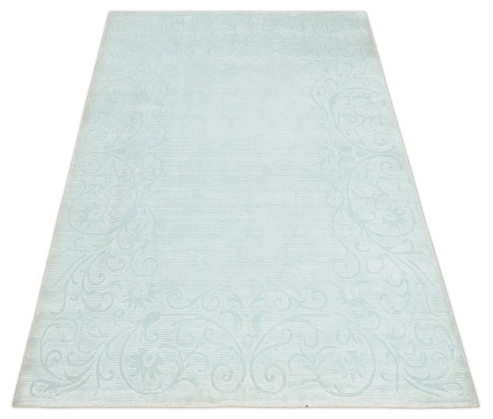 Hand Woven and Carved Silver and Gray Floral Art Silk Rug | KNT6 - The Rug Decor