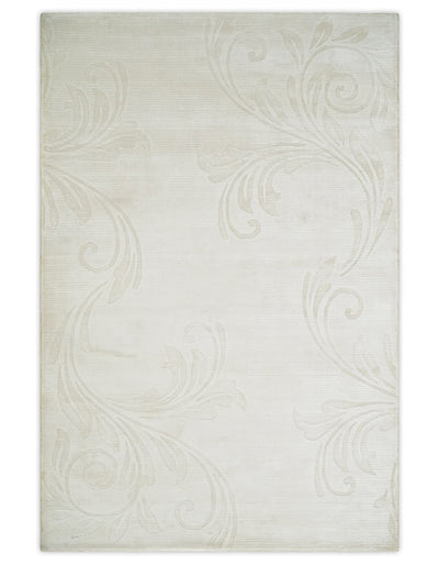 Hand Woven and Carved Silver and Ivory Floral Art Silk Rug | KNT5 - The Rug Decor