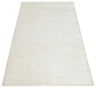 Hand Woven and Carved Silver and Ivory Floral Art Silk Rug | KNT5 - The Rug Decor