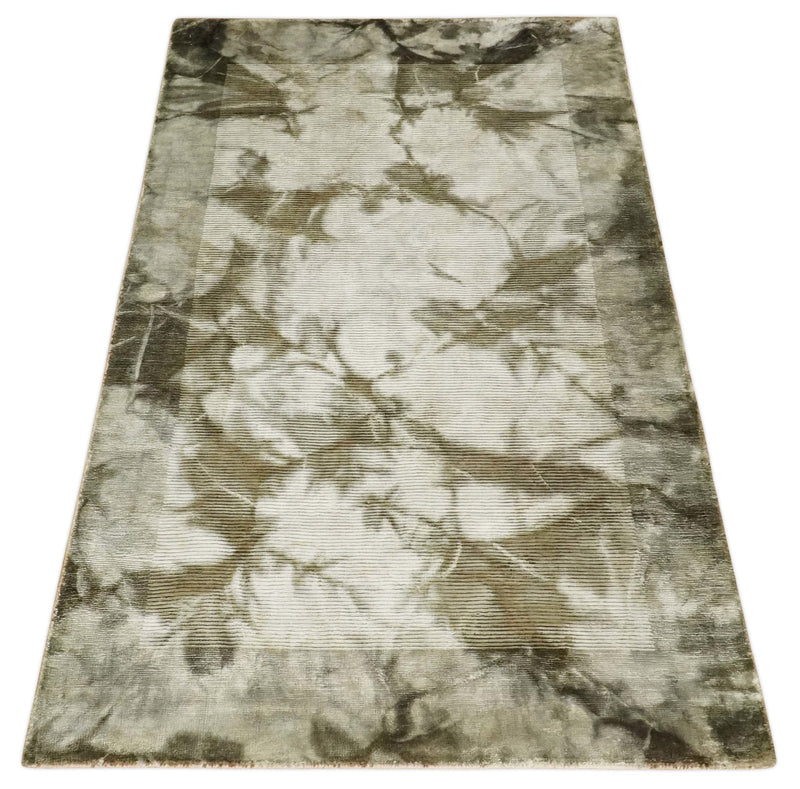 Hand Woven and Carved Silver and Olive Abstract Art Silk Rug | KNT15 - The Rug Decor