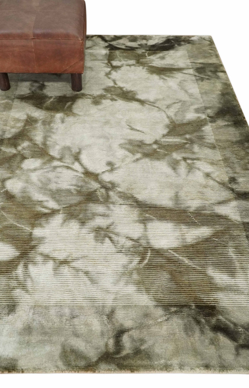 Hand Woven and Carved Silver and Olive Abstract Art Silk Rug | KNT15 - The Rug Decor