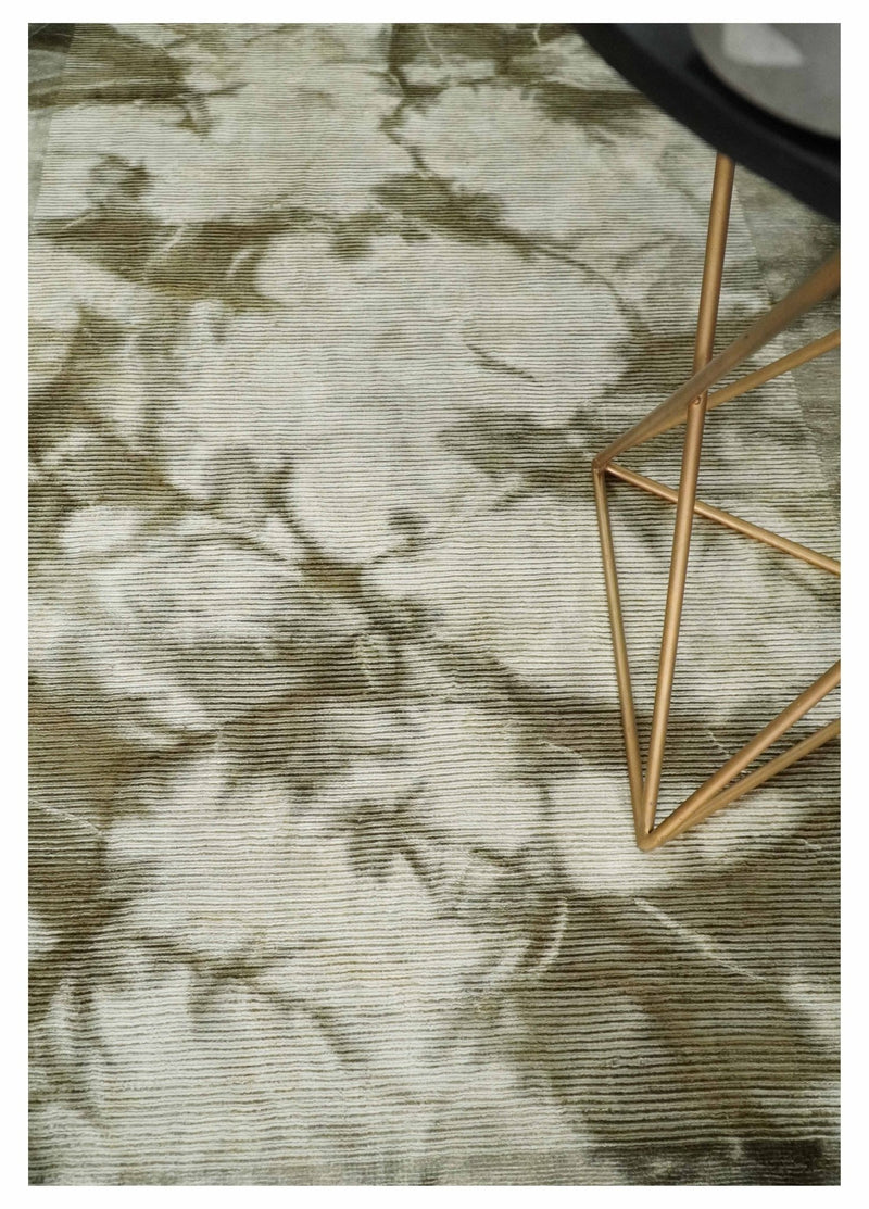 Hand Woven and Carved Silver and Olive Abstract Art Silk Rug | KNT15 - The Rug Decor