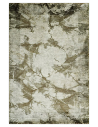 Hand Woven and Carved Silver and Olive Abstract Art Silk Rug | KNT15 - The Rug Decor