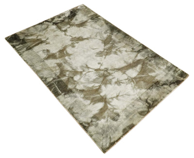 Hand Woven and Carved Silver and Olive Abstract Art Silk Rug | KNT15 - The Rug Decor