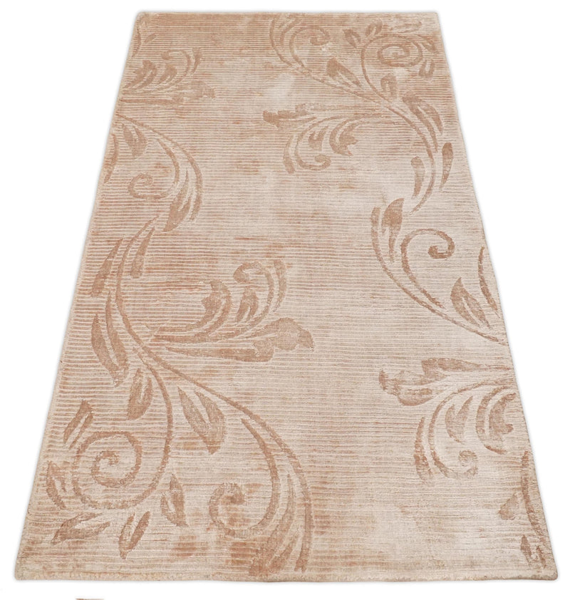 Hand Woven and Carved Silver and Peach Floral Art Silk Rug | KNT12 - The Rug Decor