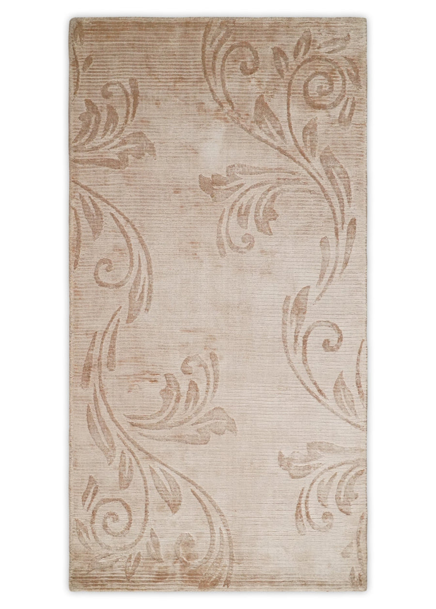 Hand Woven and Carved Silver and Peach Floral Art Silk Rug | KNT12 - The Rug Decor