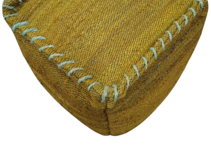 Hand Woven Boho Natural Farmhouse Mustard Gold and Gray Jute Pouf Ottoman | TRD128P - The Rug Decor