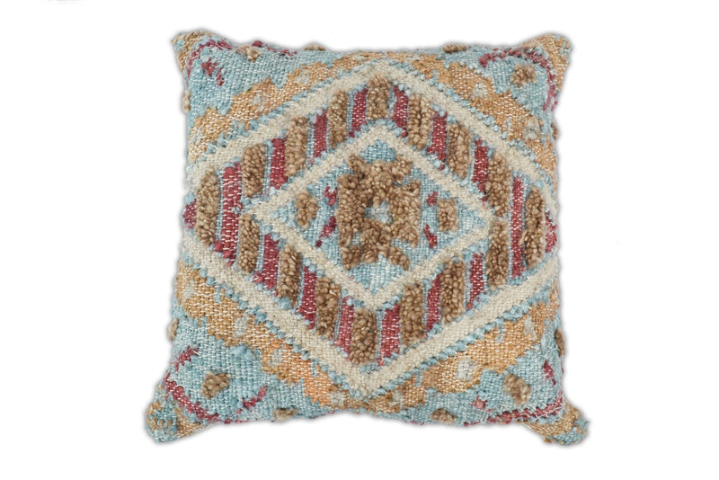 Hand Woven Boho Tribal Accent Mustard and Blue Jute and Wool Pillow, Cushion | PL13 - The Rug Decor