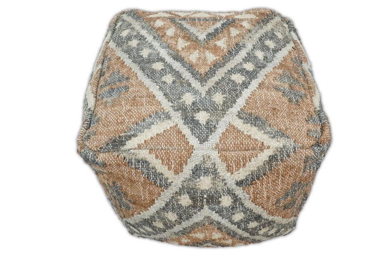 Hand Woven Boho Tribal Large Gray and Brown Jute and Wool Pouf | TRD118P - The Rug Decor