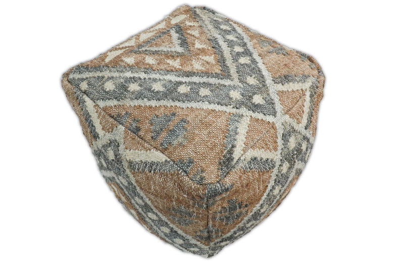 Hand Woven Boho Tribal Large Gray and Brown Jute and Wool Pouf | TRD118P - The Rug Decor