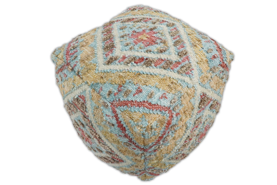 Hand Woven Boho Tribal Large Mustard and Blue Jute and Wool Pouf | TRD120P - The Rug Decor