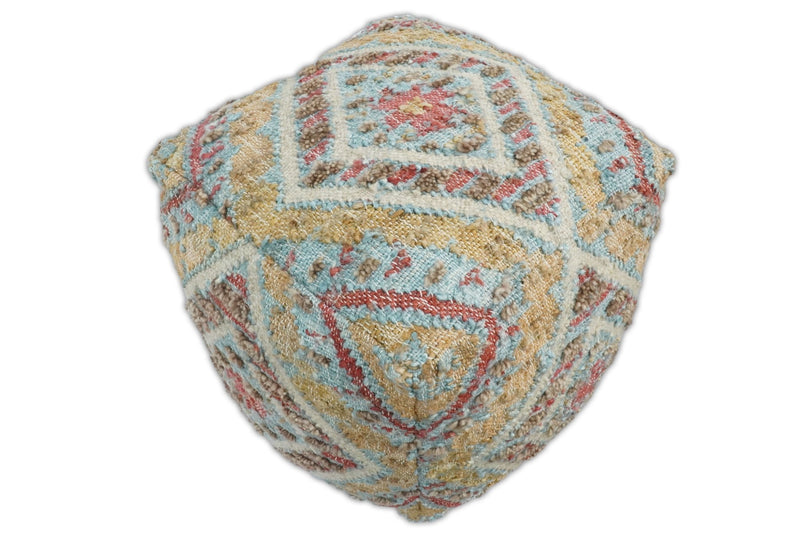Hand Woven Boho Tribal Large Mustard and Blue Jute and Wool Pouf | TRD120P - The Rug Decor