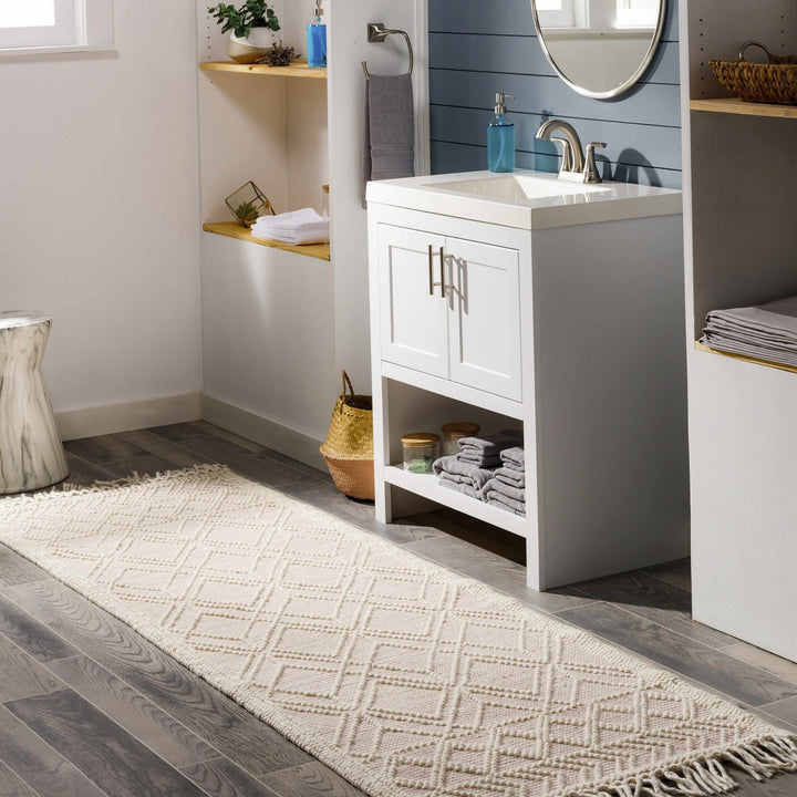 Hand Woven Contemporary Ivory and Peach Tribal Trellis Design Wool Area Rug - The Rug Decor