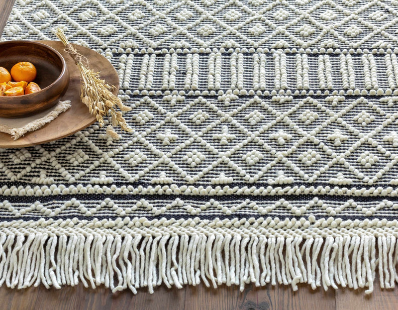 Hand Woven Modern Geometrical Ivory and Charcoal Tassel design Tribal Trellis Wool Area Rug - The Rug Decor
